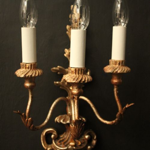 ITALIAN PAIR OF GILTWOOD TRIPLE ARM ANTIQUE WALL LIGHTS - ADDITIONAL PHOTO 2