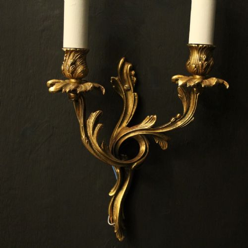 FRENCH PAIR OF GILDED TWIN ARM ANTIQUE WALL LIGHTS - ADDITIONAL PHOTO 2