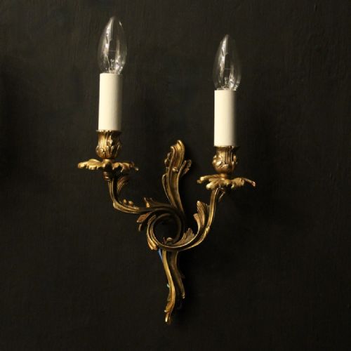 FRENCH PAIR OF GILDED TWIN ARM ANTIQUE WALL LIGHTS - ADDITIONAL PHOTO 5