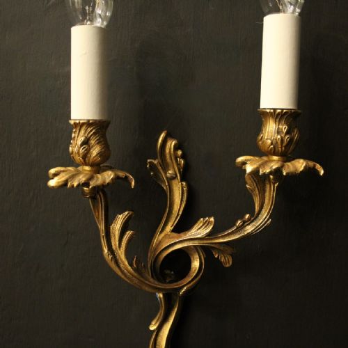 FRENCH PAIR OF GILDED TWIN ARM ANTIQUE WALL LIGHTS - ADDITIONAL PHOTO 7