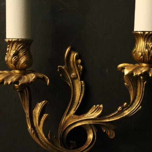 FRENCH PAIR OF GILDED TWIN ARM ANTIQUE WALL LIGHTS - ADDITIONAL PHOTO 8