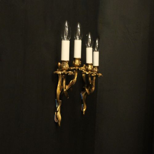 FRENCH PAIR OF GILDED TWIN ARM ANTIQUE WALL LIGHTS - ADDITIONAL PHOTO 9