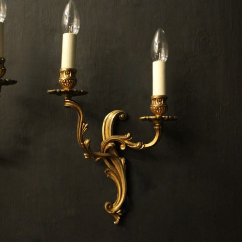 FRENCH SET OF 3 TWIN ARM GILDED ANTIQUE WALL LIGHTS - ADDITIONAL PHOTO 1