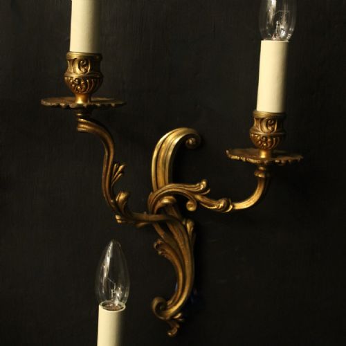 FRENCH SET OF 3 TWIN ARM GILDED ANTIQUE WALL LIGHTS - ADDITIONAL PHOTO 3