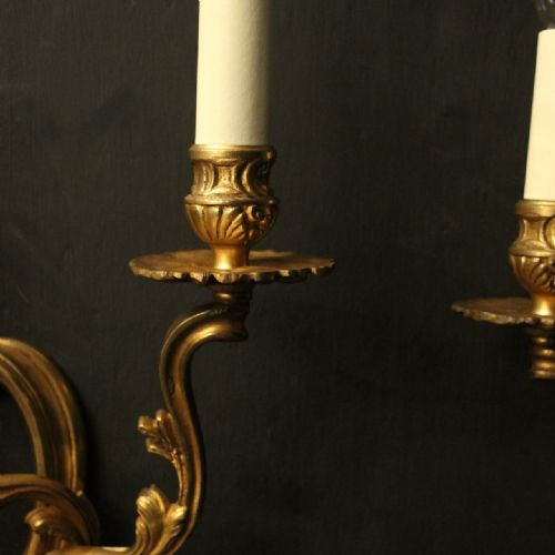 FRENCH SET OF 3 TWIN ARM GILDED ANTIQUE WALL LIGHTS - ADDITIONAL PHOTO 4