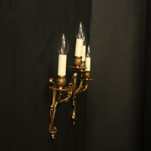FRENCH SET OF 3 TWIN ARM GILDED ANTIQUE WALL LIGHTS - ADDITIONAL PHOTO 9