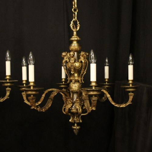 FRENCH PAIR GILDED BRONZE 6 LIGHT ANTIQUE CHANDELIERS - ADDITIONAL PHOTO 1