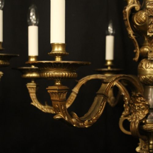 FRENCH PAIR GILDED BRONZE 6 LIGHT ANTIQUE CHANDELIERS - ADDITIONAL PHOTO 2
