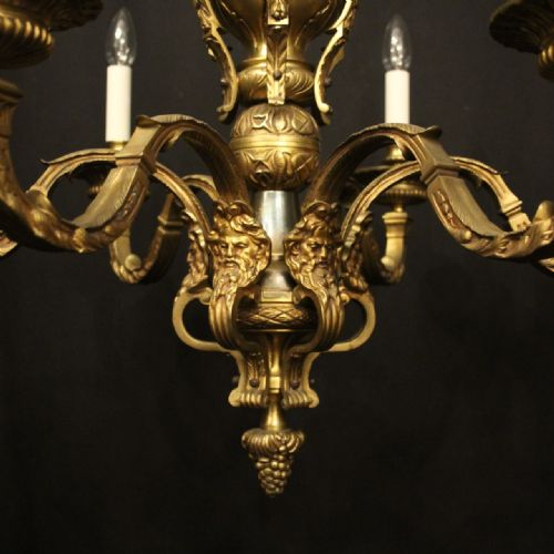 FRENCH PAIR GILDED BRONZE 6 LIGHT ANTIQUE CHANDELIERS - ADDITIONAL PHOTO 3