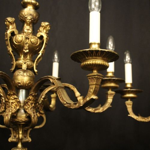 FRENCH PAIR GILDED BRONZE 6 LIGHT ANTIQUE CHANDELIERS - ADDITIONAL PHOTO 4