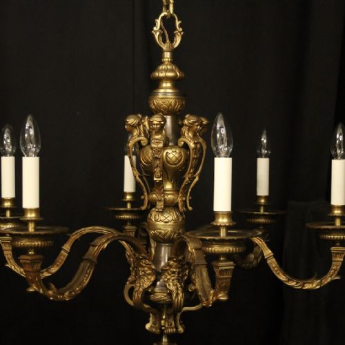 FRENCH PAIR GILDED BRONZE 6 LIGHT ANTIQUE CHANDELIERS - ADDITIONAL PHOTO 5