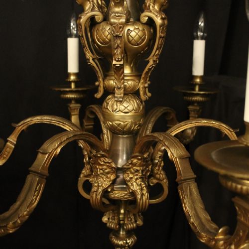 FRENCH PAIR GILDED BRONZE 6 LIGHT ANTIQUE CHANDELIERS - ADDITIONAL PHOTO 8
