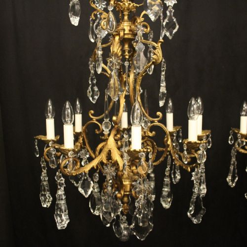 FRENCH PAIR OF GILDED BRONZE CRYSTAL ANTIQUE CHANDELIERS - ADDITIONAL PHOTO 2