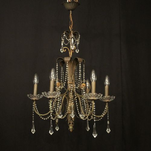 FRENCH TOLEWARE CRYSTAL SIX LIGHT ANTIQUE CHANDELIER - ADDITIONAL PHOTO 1
