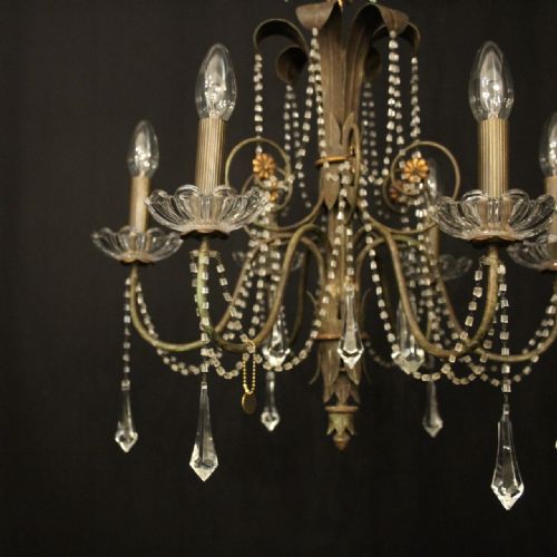 FRENCH TOLEWARE CRYSTAL SIX LIGHT ANTIQUE CHANDELIER - ADDITIONAL PHOTO 2
