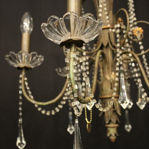 FRENCH TOLEWARE CRYSTAL SIX LIGHT ANTIQUE CHANDELIER - ADDITIONAL PHOTO 3