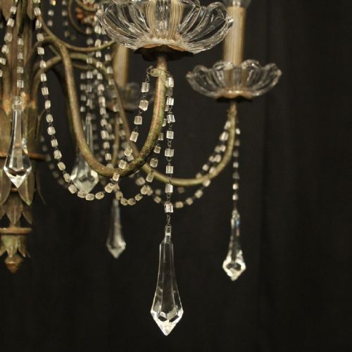 FRENCH TOLEWARE CRYSTAL SIX LIGHT ANTIQUE CHANDELIER - ADDITIONAL PHOTO 4