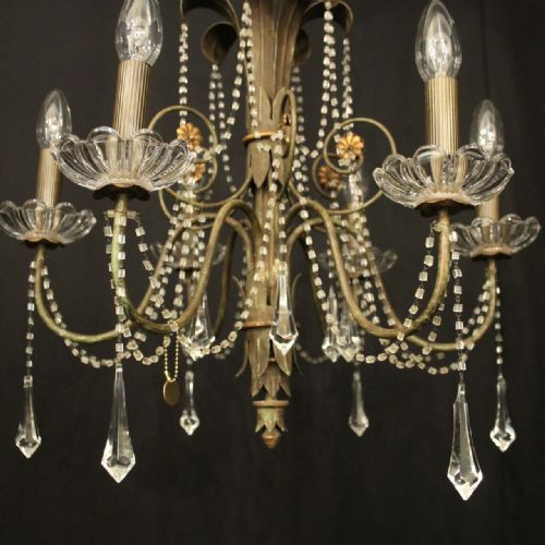 FRENCH TOLEWARE CRYSTAL SIX LIGHT ANTIQUE CHANDELIER - ADDITIONAL PHOTO 5