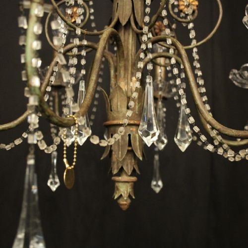 FRENCH TOLEWARE CRYSTAL SIX LIGHT ANTIQUE CHANDELIER - ADDITIONAL PHOTO 6