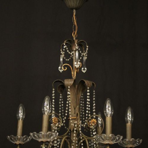 FRENCH TOLEWARE CRYSTAL SIX LIGHT ANTIQUE CHANDELIER - ADDITIONAL PHOTO 7