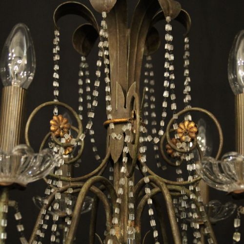 FRENCH TOLEWARE CRYSTAL SIX LIGHT ANTIQUE CHANDELIER - ADDITIONAL PHOTO 8