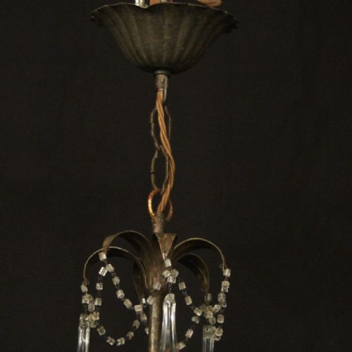 FRENCH TOLEWARE CRYSTAL SIX LIGHT ANTIQUE CHANDELIER - ADDITIONAL PHOTO 9
