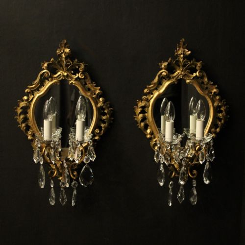 french pair of gilded brass giltwood twin arm girandoles - CATEGORY: ANTIQUE LIGHTING - DATED 1930