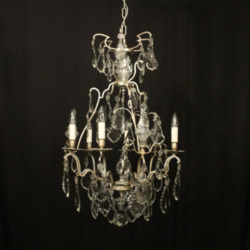 FRENCH SILVER GILDED CRYSTAL 6 LIGHT ANTIQUE CHANDELIER