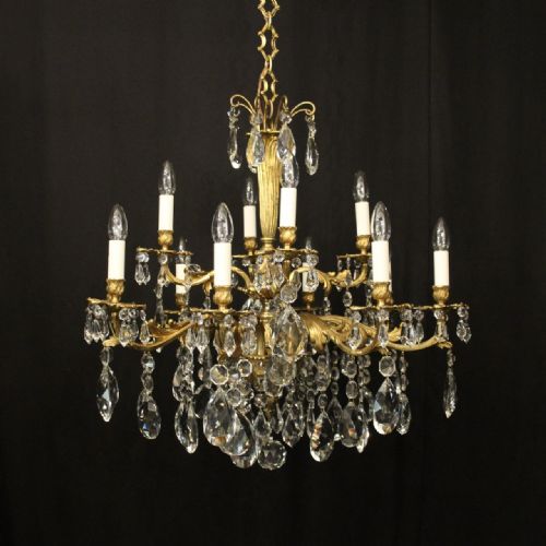 french gilded bronze crystal 12 light antique chandelier - CATEGORY: ANTIQUE LIGHTING - DATED 1920