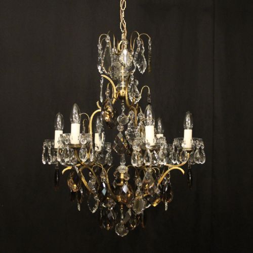 FRENCH GILDED BRASS AMETHYST CRYSTAL 6 LIGHT ANTIQUE CHANDELIER