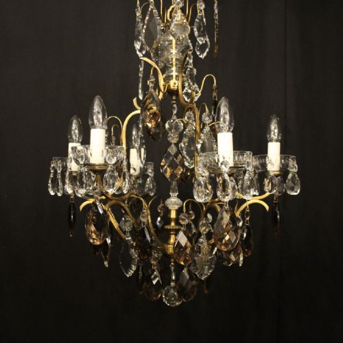 FRENCH GILDED BRASS AMETHYST CRYSTAL 6 LIGHT ANTIQUE CHANDELIER - ADDITIONAL PHOTO 1