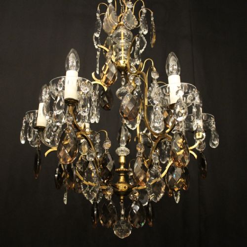 FRENCH GILDED BRASS AMETHYST CRYSTAL 6 LIGHT ANTIQUE CHANDELIER - ADDITIONAL PHOTO 2
