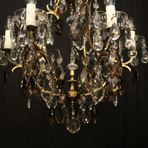 FRENCH GILDED BRASS AMETHYST CRYSTAL 6 LIGHT ANTIQUE CHANDELIER - ADDITIONAL PHOTO 4