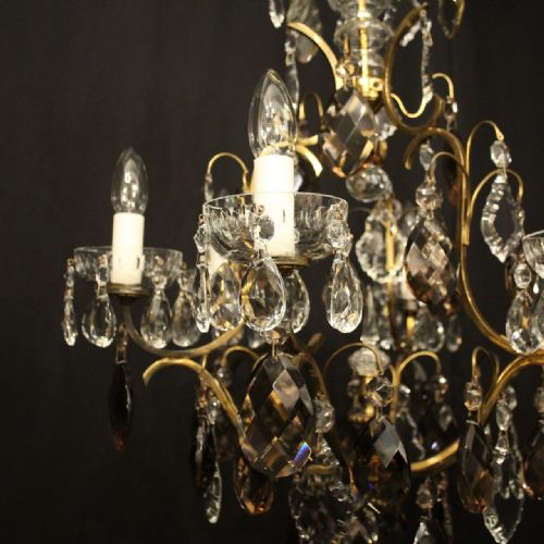 FRENCH GILDED BRASS AMETHYST CRYSTAL 6 LIGHT ANTIQUE CHANDELIER - ADDITIONAL PHOTO 5