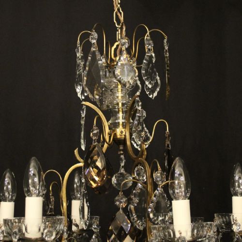 FRENCH GILDED BRASS AMETHYST CRYSTAL 6 LIGHT ANTIQUE CHANDELIER - ADDITIONAL PHOTO 8