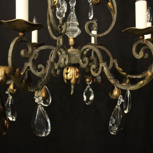 FRENCH WROUGHT IRON GILT POLYCHROME 6 LIGHT CHANDELIER - ADDITIONAL PHOTO 4