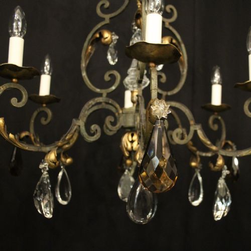 FRENCH WROUGHT IRON GILT POLYCHROME 6 LIGHT CHANDELIER - ADDITIONAL PHOTO 5