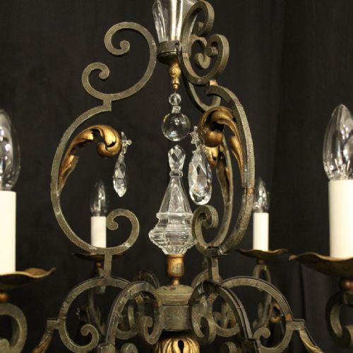 FRENCH WROUGHT IRON GILT POLYCHROME 6 LIGHT CHANDELIER - ADDITIONAL PHOTO 6