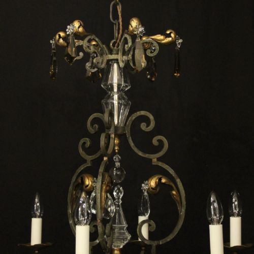 FRENCH WROUGHT IRON GILT POLYCHROME 6 LIGHT CHANDELIER - ADDITIONAL PHOTO 7