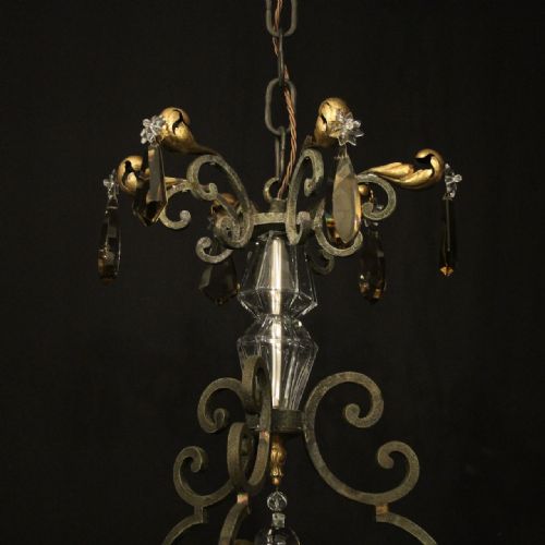 FRENCH WROUGHT IRON GILT POLYCHROME 6 LIGHT CHANDELIER - ADDITIONAL PHOTO 8