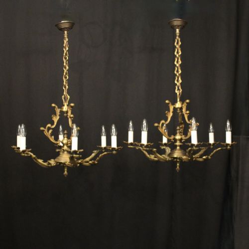 french pair gilded brass 6 light antique chandeliers - CATEGORY: ANTIQUE LIGHTING - DATED 1920