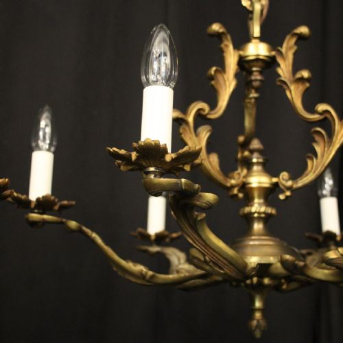 FRENCH PAIR GILDED BRASS 6 LIGHT ANTIQUE CHANDELIERS - ADDITIONAL PHOTO 1