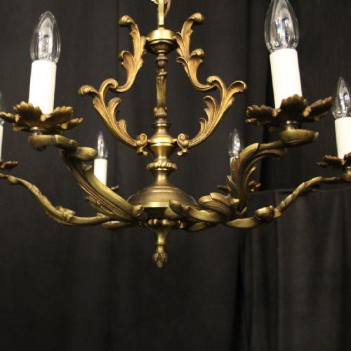 FRENCH PAIR GILDED BRASS 6 LIGHT ANTIQUE CHANDELIERS - ADDITIONAL PHOTO 2