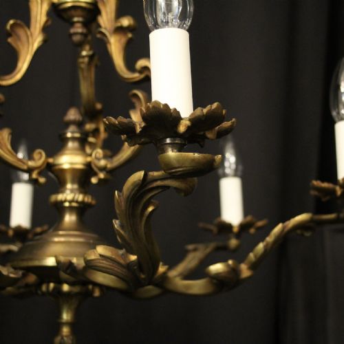 FRENCH PAIR GILDED BRASS 6 LIGHT ANTIQUE CHANDELIERS - ADDITIONAL PHOTO 3