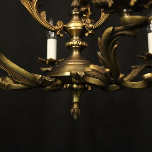 FRENCH PAIR GILDED BRASS 6 LIGHT ANTIQUE CHANDELIERS - ADDITIONAL PHOTO 4