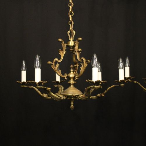 FRENCH PAIR GILDED BRASS 6 LIGHT ANTIQUE CHANDELIERS - ADDITIONAL PHOTO 5