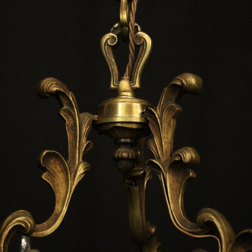 FRENCH PAIR GILDED BRASS 6 LIGHT ANTIQUE CHANDELIERS - ADDITIONAL PHOTO 7