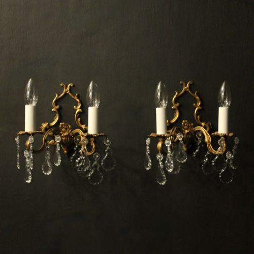 french pair of gilded twin arm antique wall lights - CATEGORY: ANTIQUE LIGHTING - DATED 1920