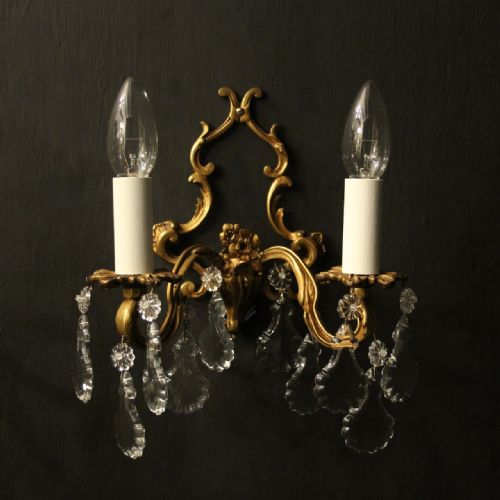 FRENCH PAIR OF GILDED TWIN ARM ANTIQUE WALL LIGHTS - ADDITIONAL PHOTO 1