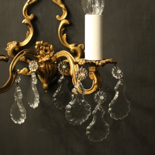 FRENCH PAIR OF GILDED TWIN ARM ANTIQUE WALL LIGHTS - ADDITIONAL PHOTO 2